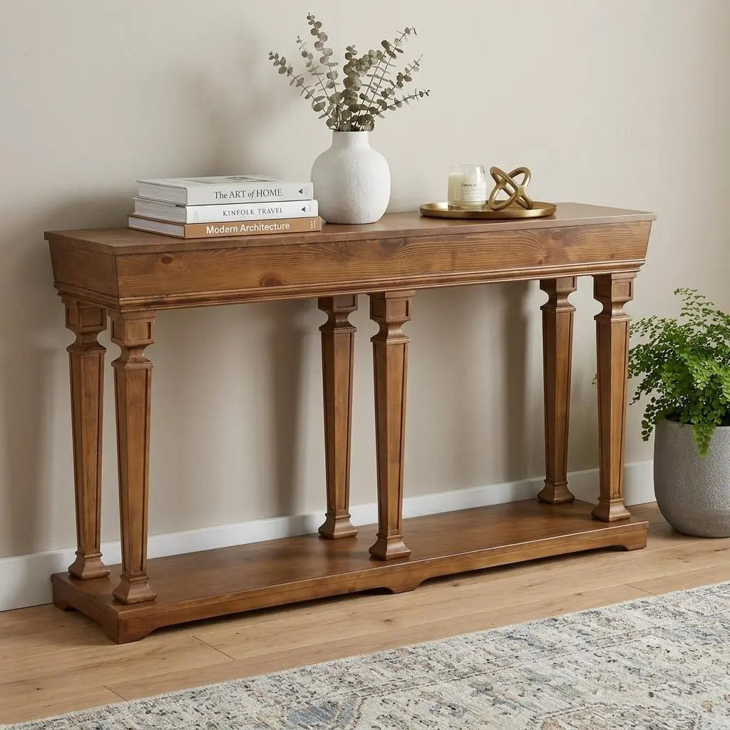 72" Oak Wood Floor Shelf Console Table With Shelf Homeroots Living Room