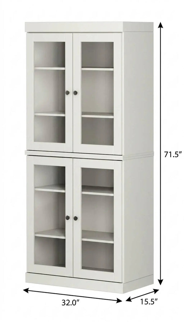 72" Off White Solid Wood Adjustable Six Tier Library Bookcase with Four Doors Homeroots Office