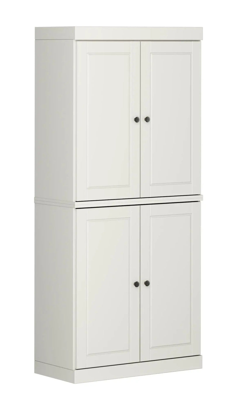 White wooden storage cabinet with four doors and sleek black handles, ideal for organizing any space.