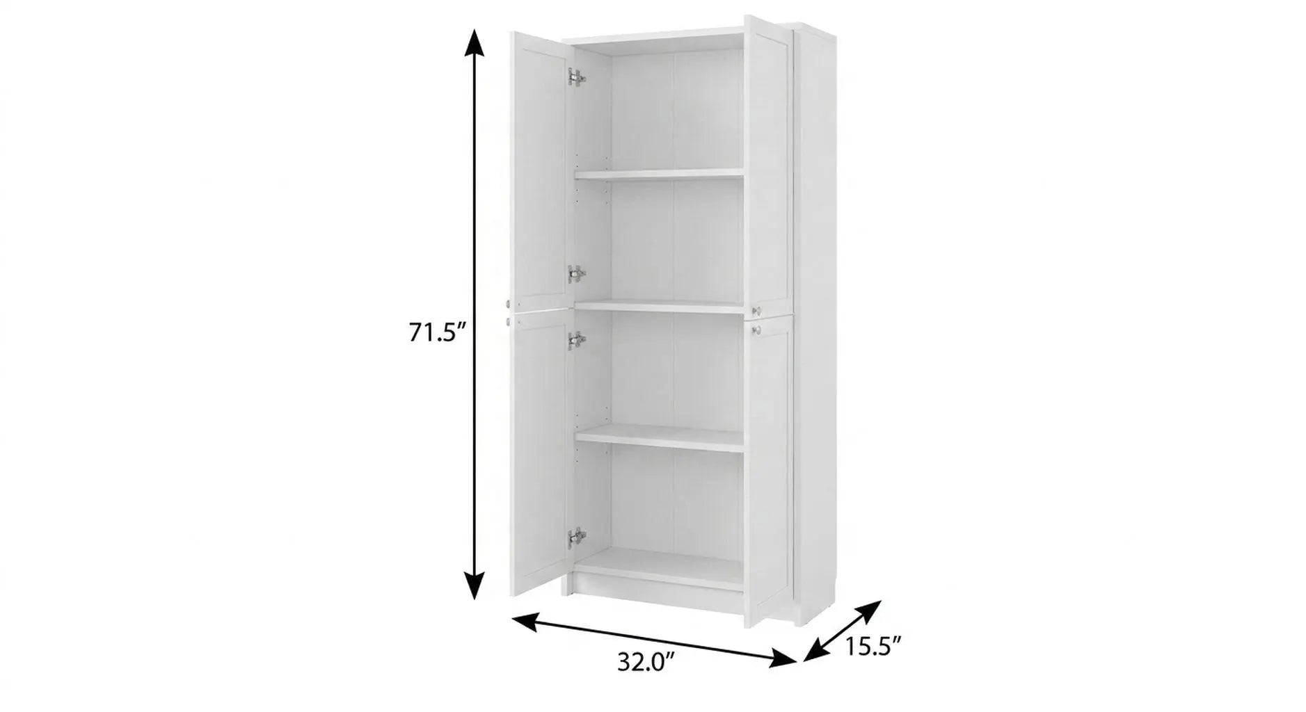 White tall cabinet with four shelves, dimensions 71.5"H x 32"W x 15.5"D, modern design for storage and organization.