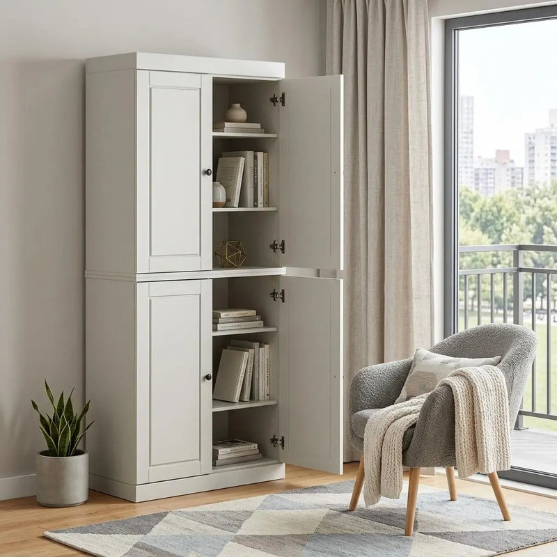 Light gray modern storage cabinet with adjustable shelves, stylish doors, and sleek design for living room or office.