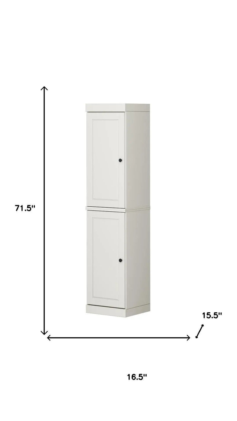 White two-door cabinet, modern design, with a sleek finish and compact dimensions: 71.5"H x 15.5"D x 16.5"W.