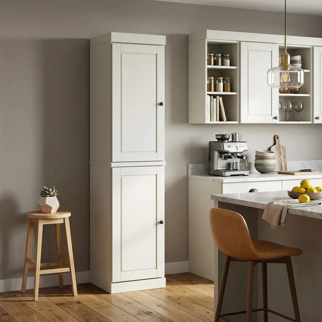 Modern cream kitchen cabinet with sleek design, paired with a wooden stool and stylish bar chair in a contemporary setting.