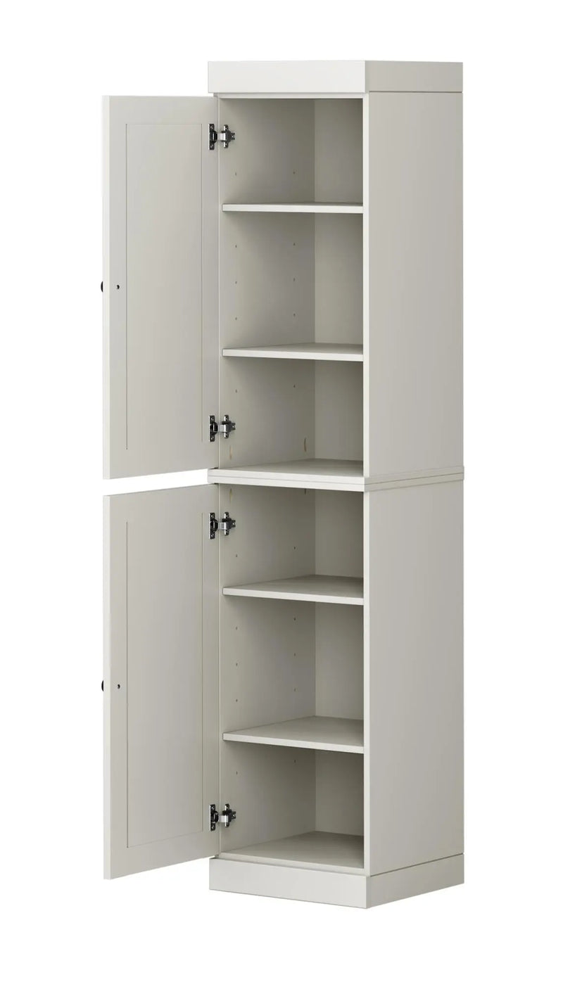 Light gray modern storage cabinet with four shelves and double doors, perfect for organized living spaces.