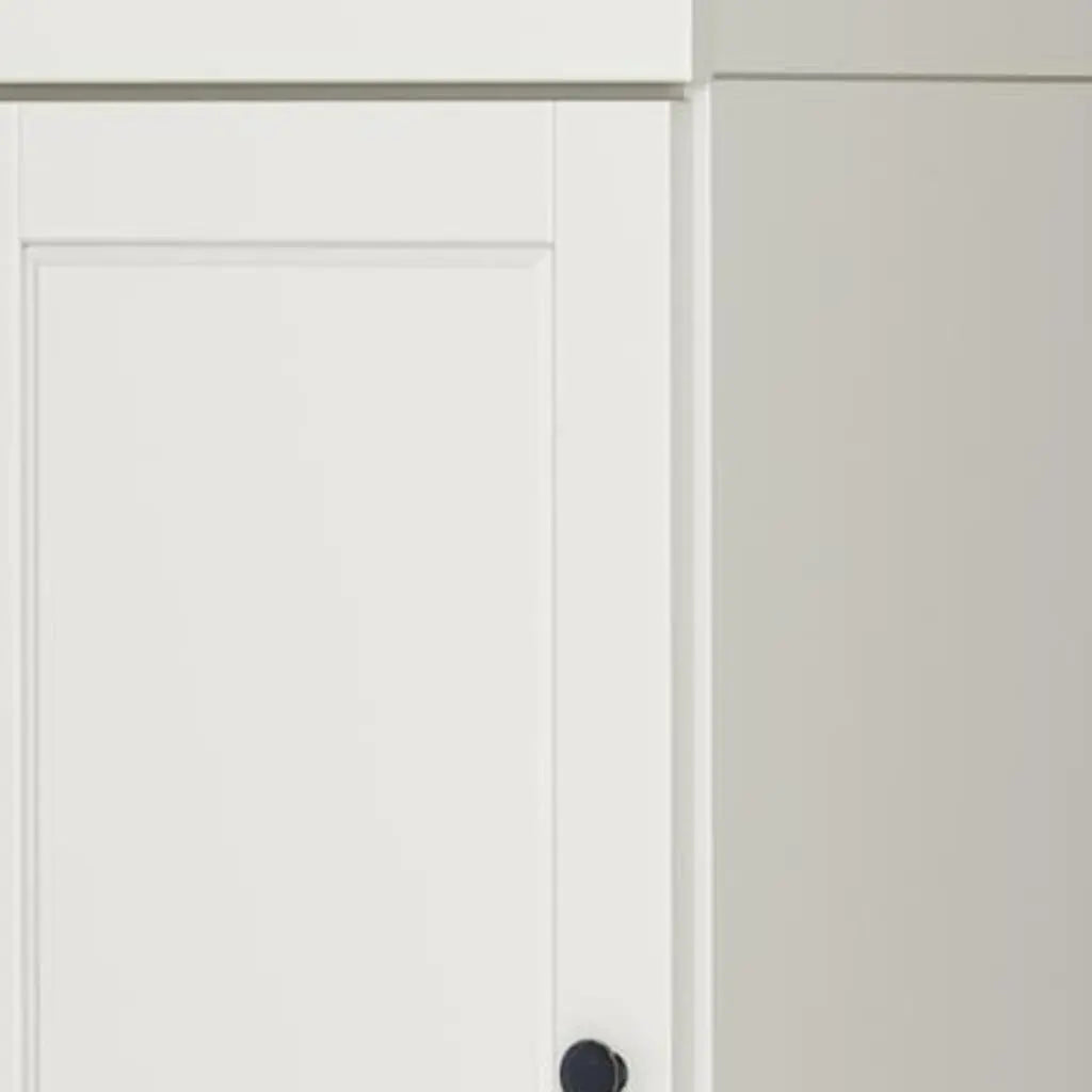 White cabinet door with a sleek black knob, featuring a modern, minimalist design and smooth finish.