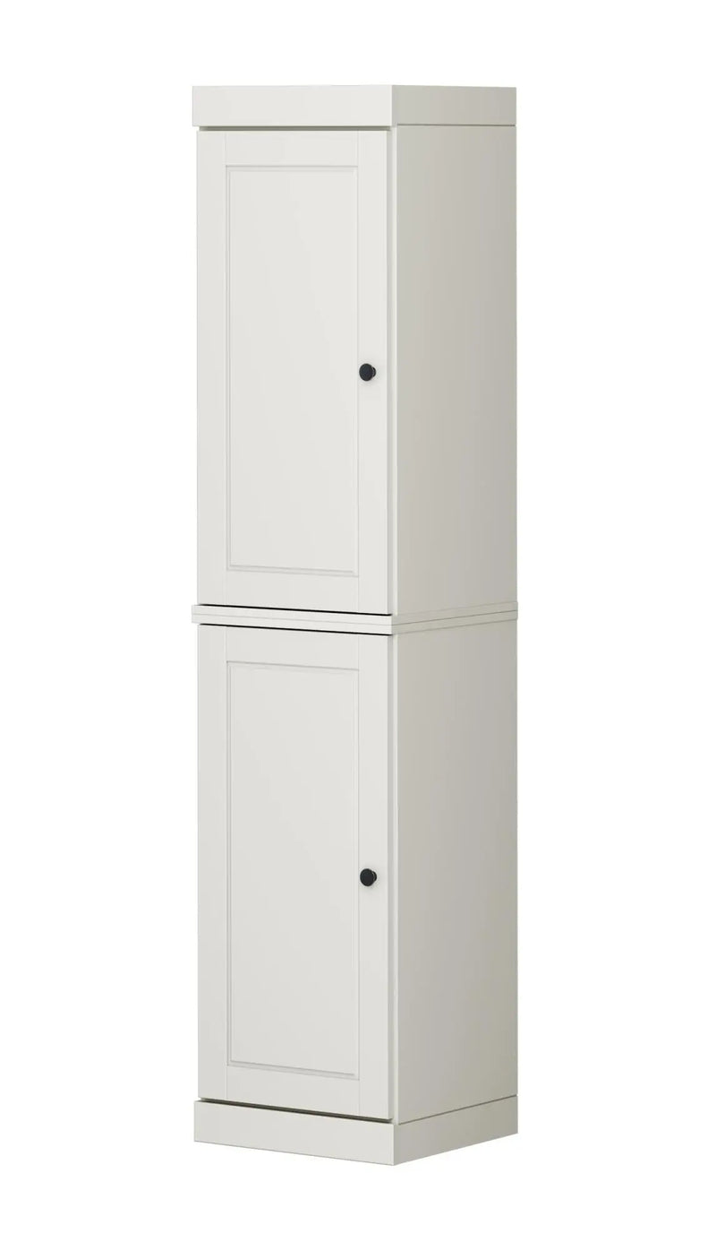 White two-door cabinet with black knobs, featuring a modern minimalist design, perfect for any room decor.
