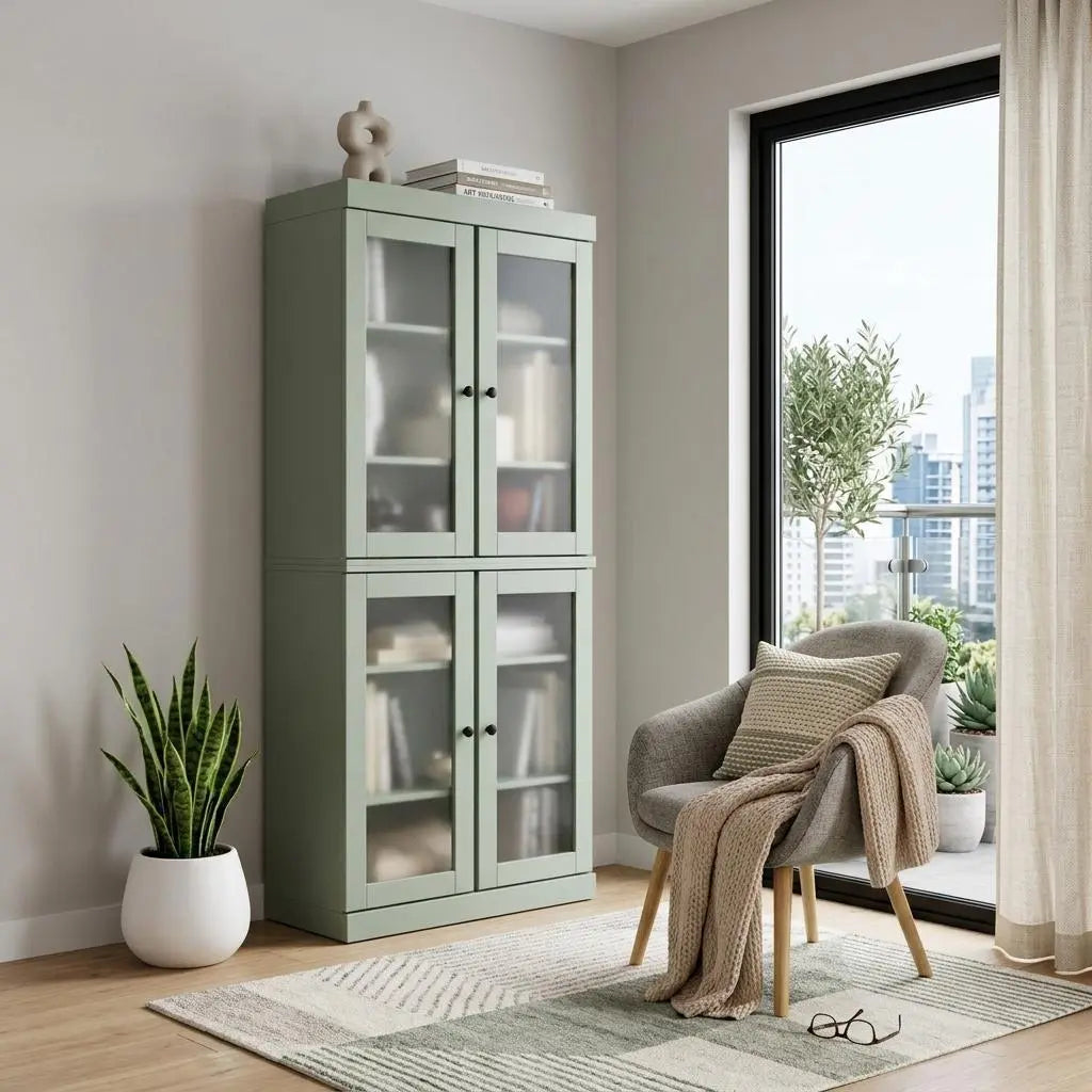 72" Sage Solid Wood Adjustable Six Tier Library Bookcase with Four Doors Homeroots Office