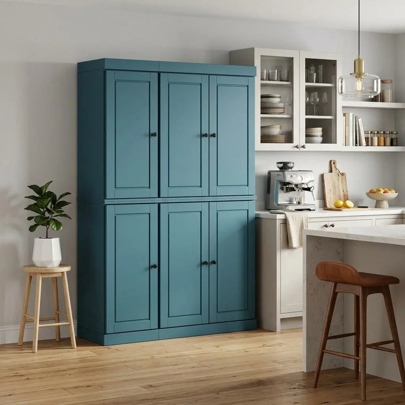 72" Teal Blue Solid Wood 8 Pantry Or Storage Closet Homeroots Kitchen & Dining
