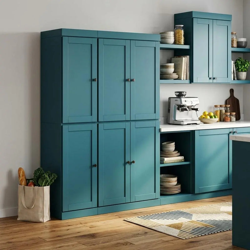 72" Teal Blue Solid Wood 8 Pantry Or Storage Closet Homeroots Kitchen & Dining