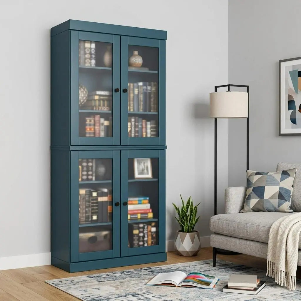 72" Teal Blue Solid Wood Adjustable Six Tier Library Bookcase with Four Doors Homeroots Office