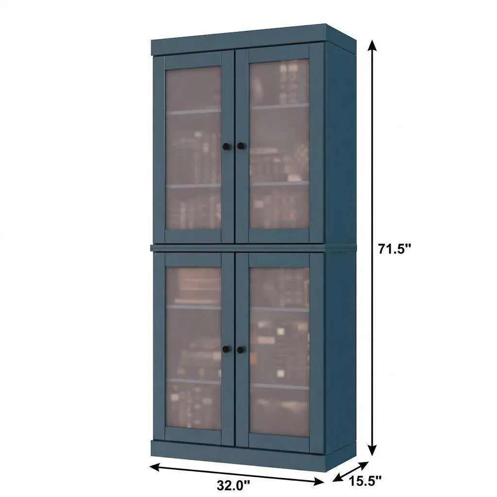 72" Teal Blue Solid Wood Adjustable Six Tier Library Bookcase with Four Doors Homeroots Office
