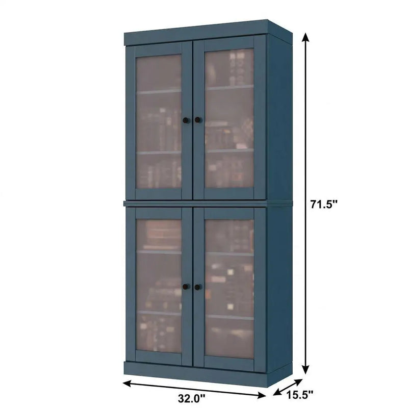 72" Teal Blue Solid Wood Adjustable Six Tier Library Bookcase with Four Doors Homeroots Office