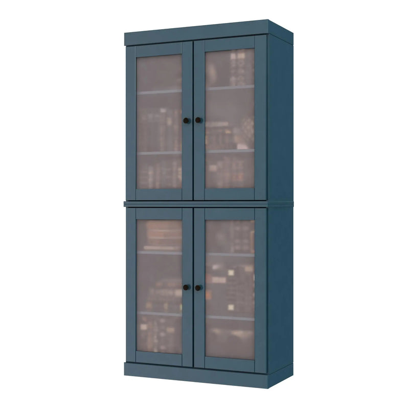 72" Teal Blue Solid Wood Adjustable Six Tier Library Bookcase with Four Doors Homeroots Office