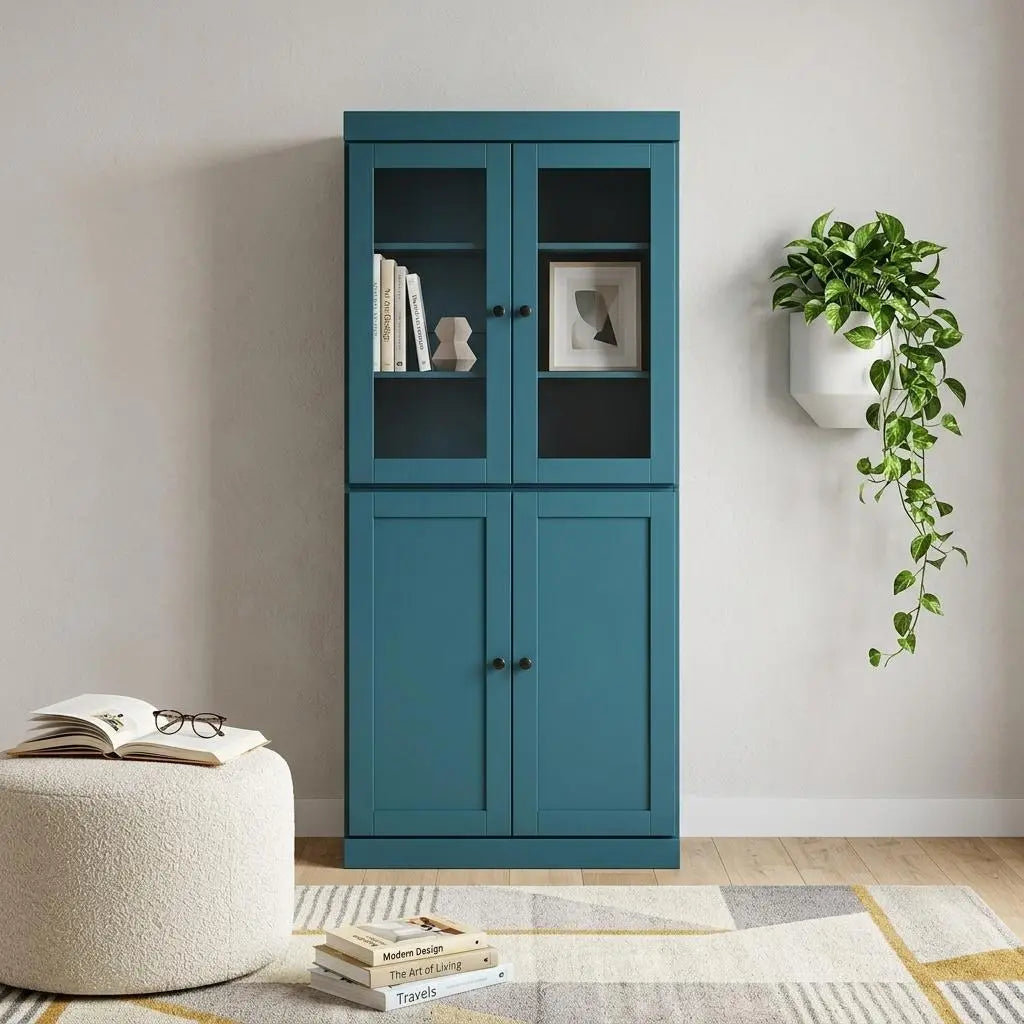 72" Teal Blue Solid Wood Adjustable Six Tier Library Bookcase with Four Doors Homeroots Office