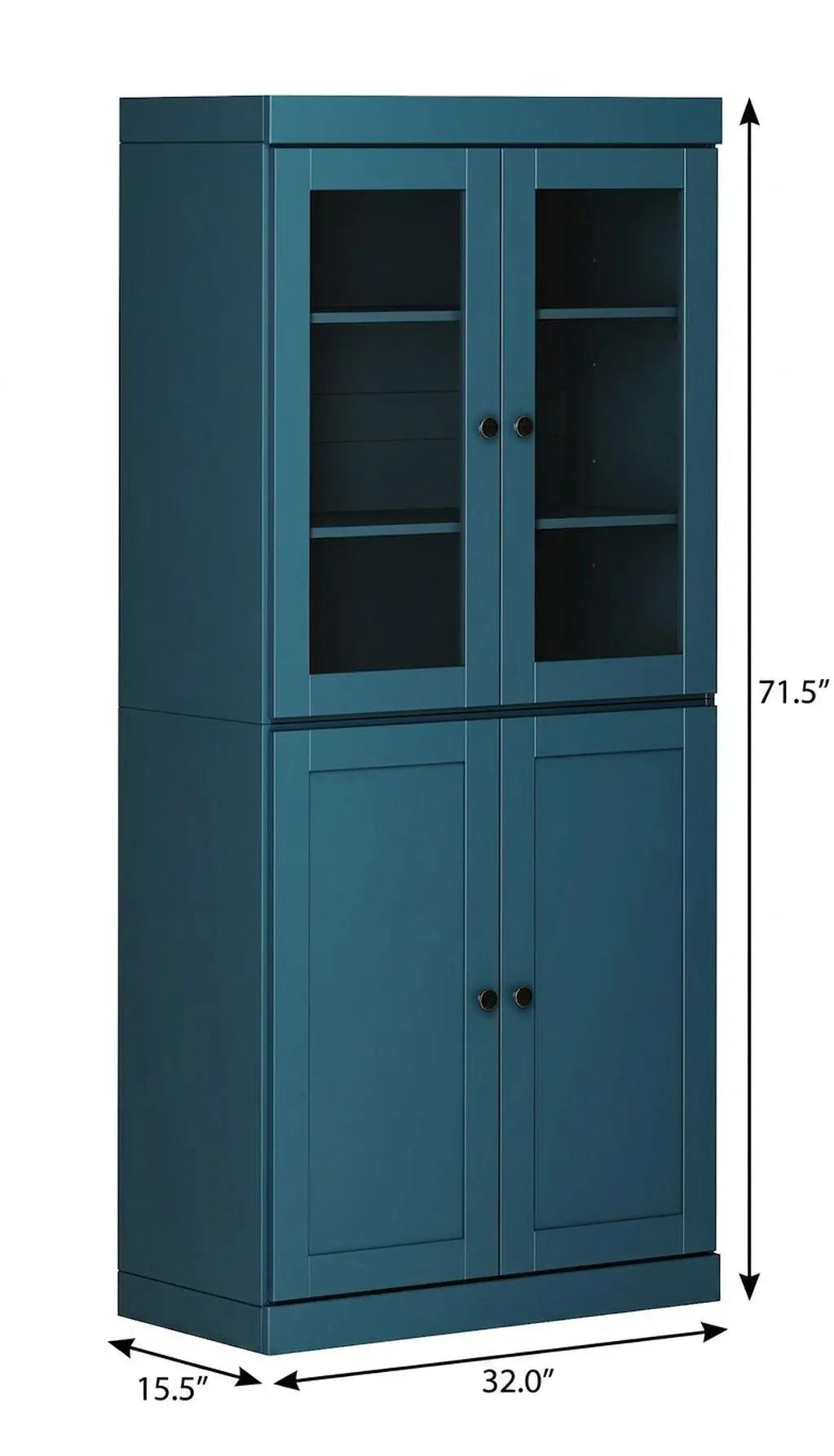 72" Teal Blue Solid Wood Adjustable Six Tier Library Bookcase with Four Doors Homeroots Office