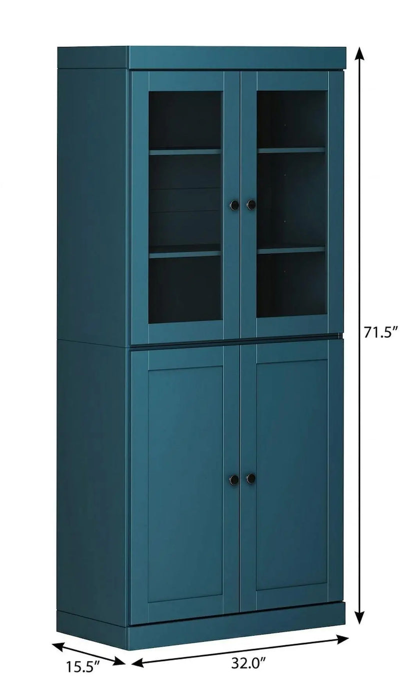 72" Teal Blue Solid Wood Adjustable Six Tier Library Bookcase with Four Doors Homeroots Office