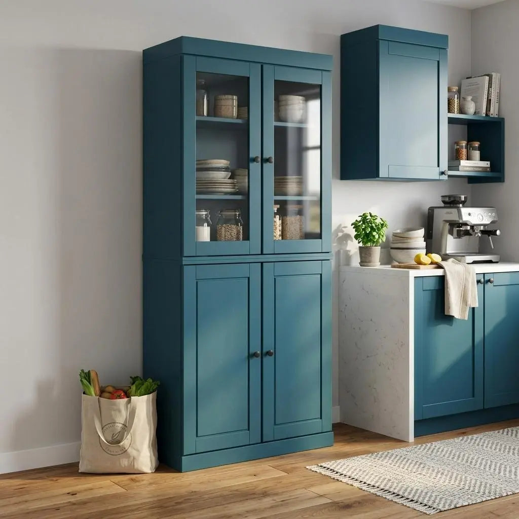 72" Teal Blue Solid Wood Four Door Pantry Or Storage Closet Homeroots Kitchen & Dining