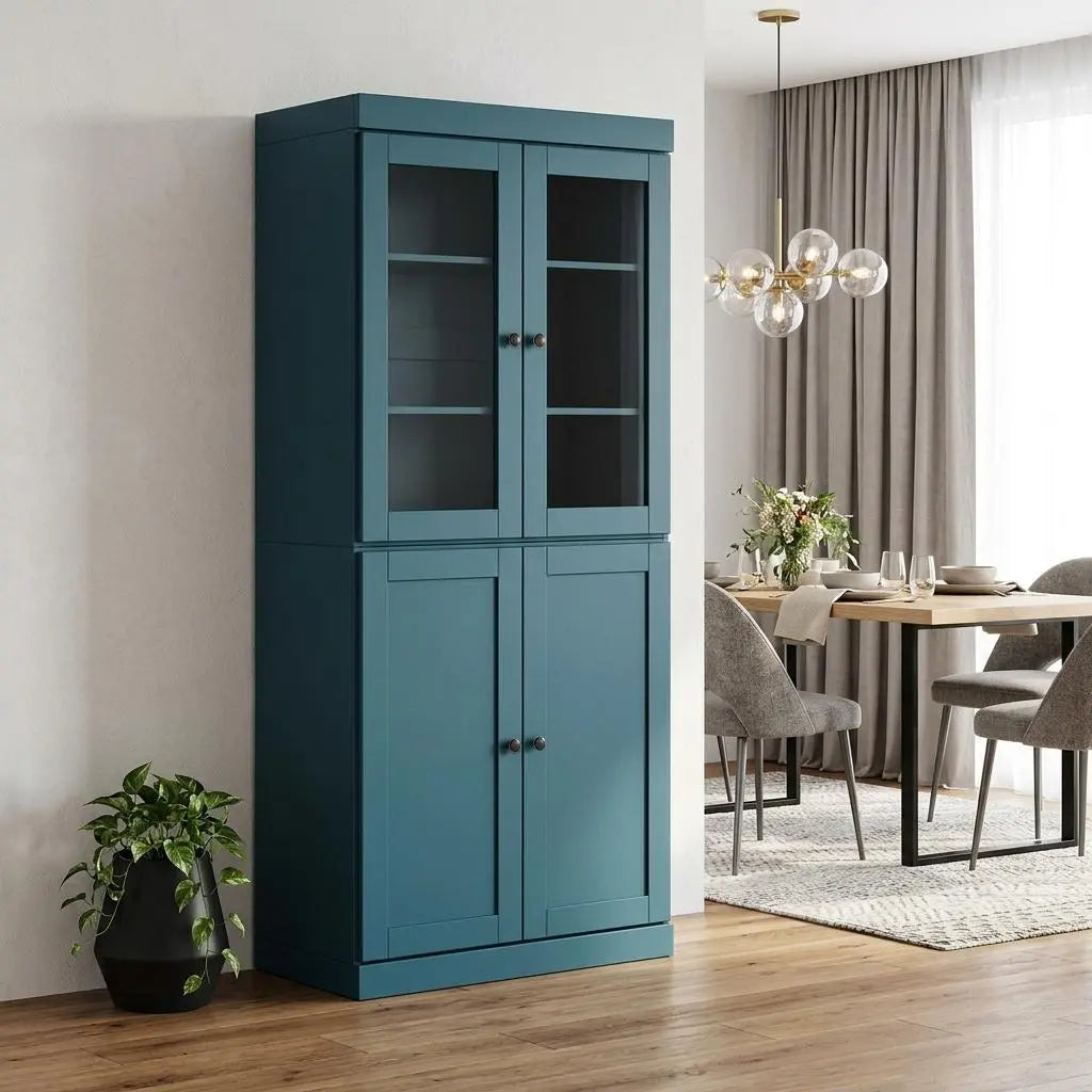 72" Teal Blue Solid Wood Four Door Pantry Or Storage Closet Homeroots Kitchen & Dining