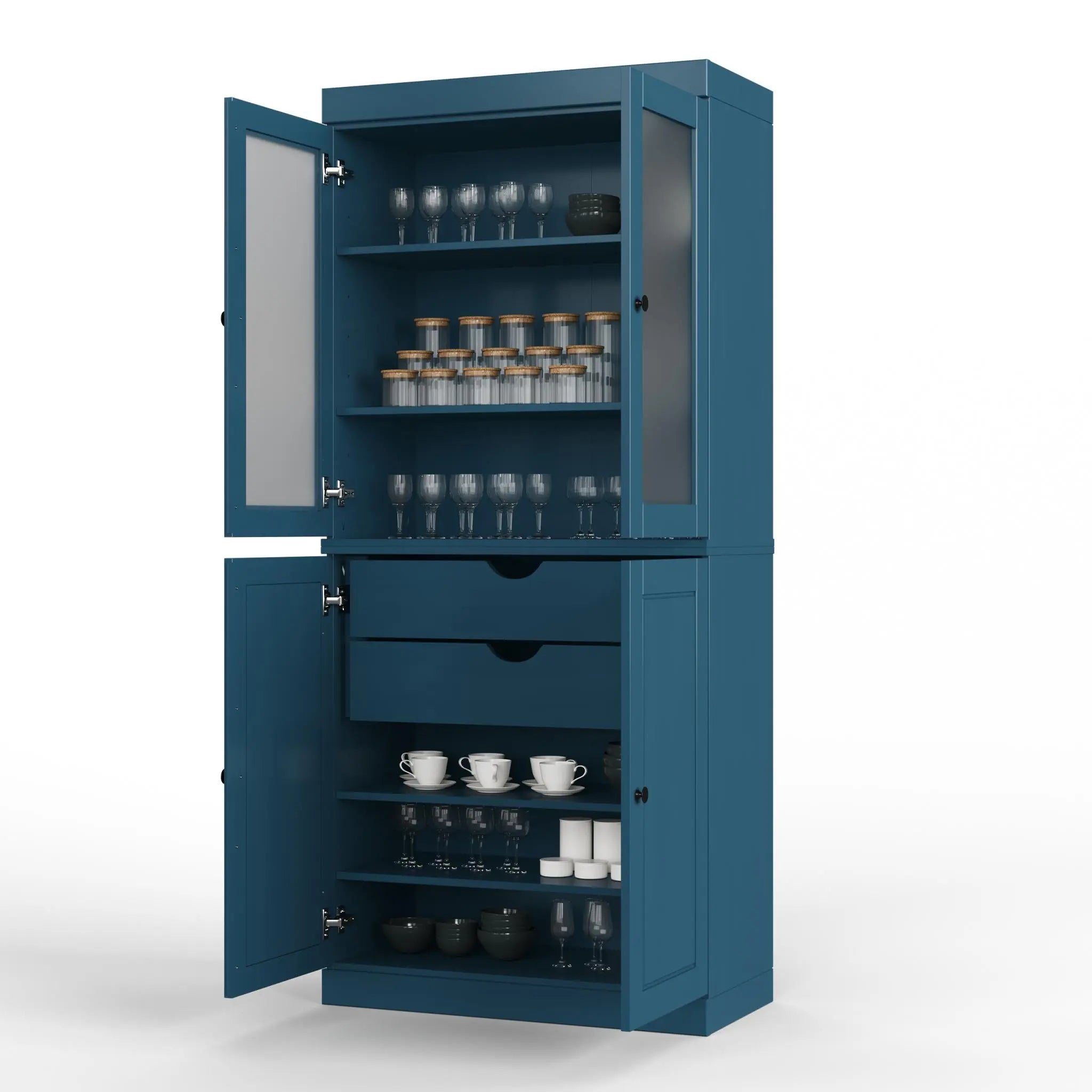 72" Teal Blue Solid Wood Four Door Two Drawer Pantry Or Storage Closet Homeroots Kitchen & Dining