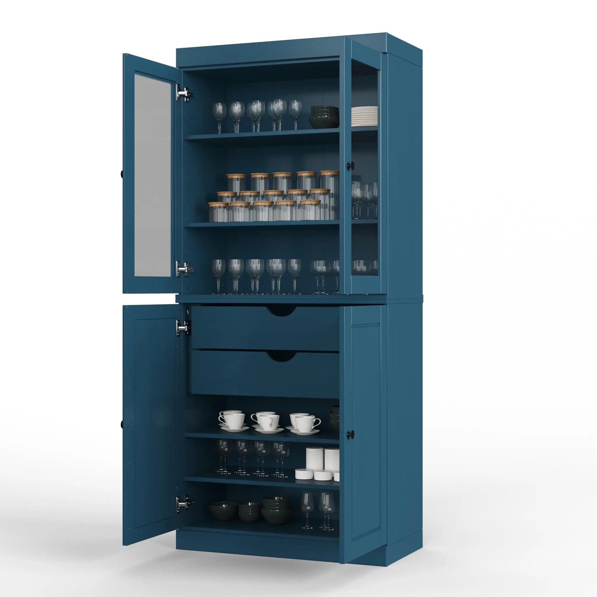 72" Teal Blue Solid Wood Four Door Two Drawer Pantry Or Storage Closet Homeroots Kitchen & Dining