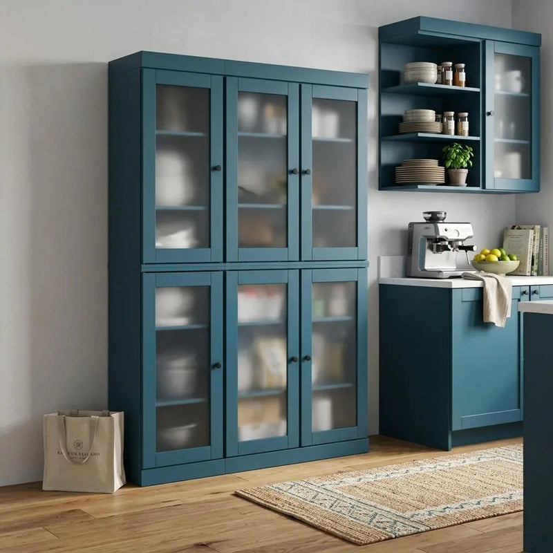 72" Teal Blue Solid Wood Six Door Pantry Or Storage Closet Homeroots Kitchen & Dining
