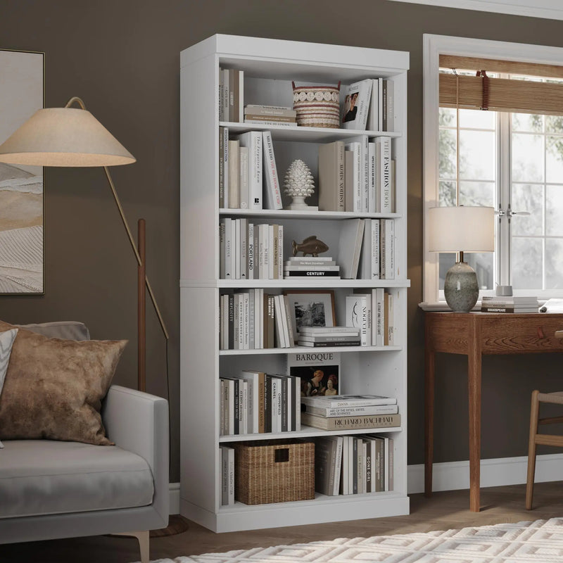 72" White Solid Wood Adjustable Six Tier Library Bookcase Homeroots Office