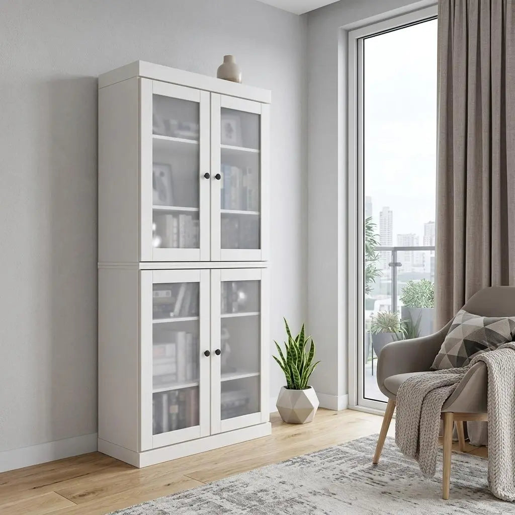 72" White Solid Wood Adjustable Six Tier Library Bookcase with Four Doors Homeroots Office