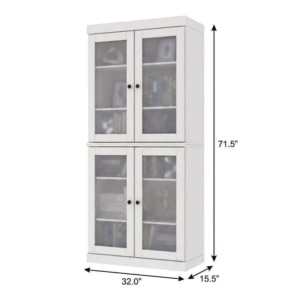 72" White Solid Wood Adjustable Six Tier Library Bookcase with Four Doors Homeroots Office