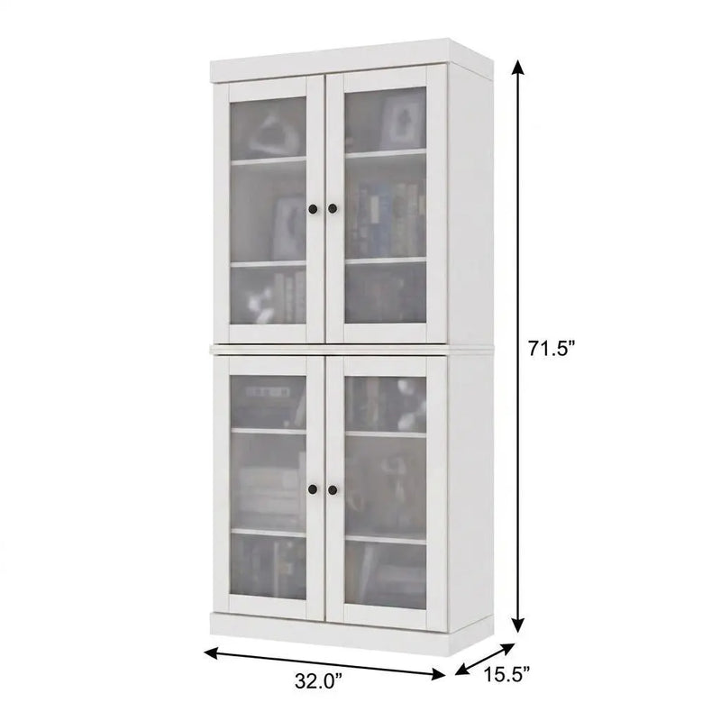 72" White Solid Wood Adjustable Six Tier Library Bookcase with Four Doors Homeroots Office