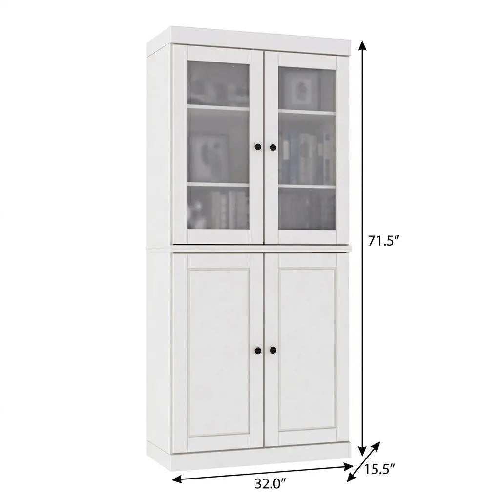 72" White Solid Wood Adjustable Six Tier Library Bookcase with Four Doors Homeroots Office