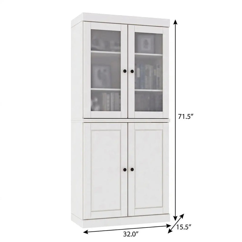72" White Solid Wood Adjustable Six Tier Library Bookcase with Four Doors Homeroots Office
