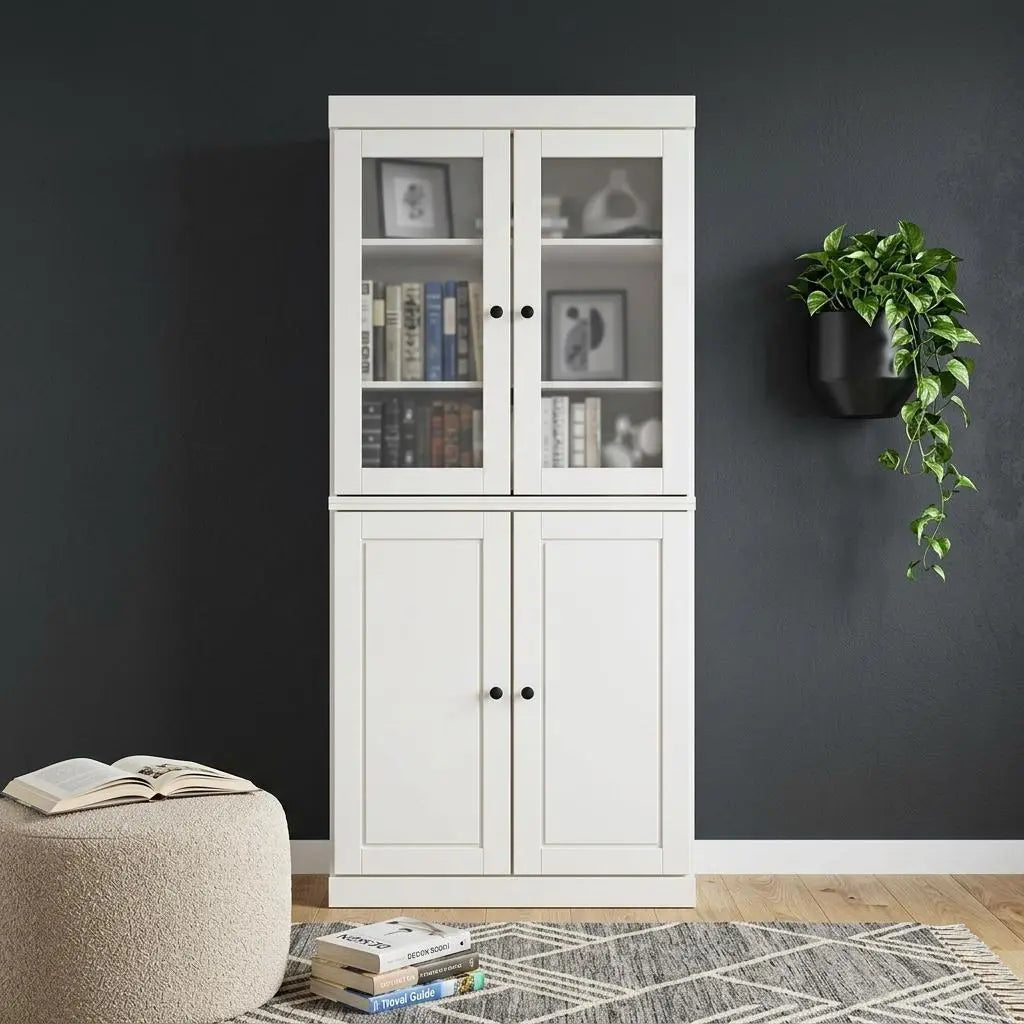 72" White Solid Wood Adjustable Six Tier Library Bookcase with Four Doors Homeroots Office