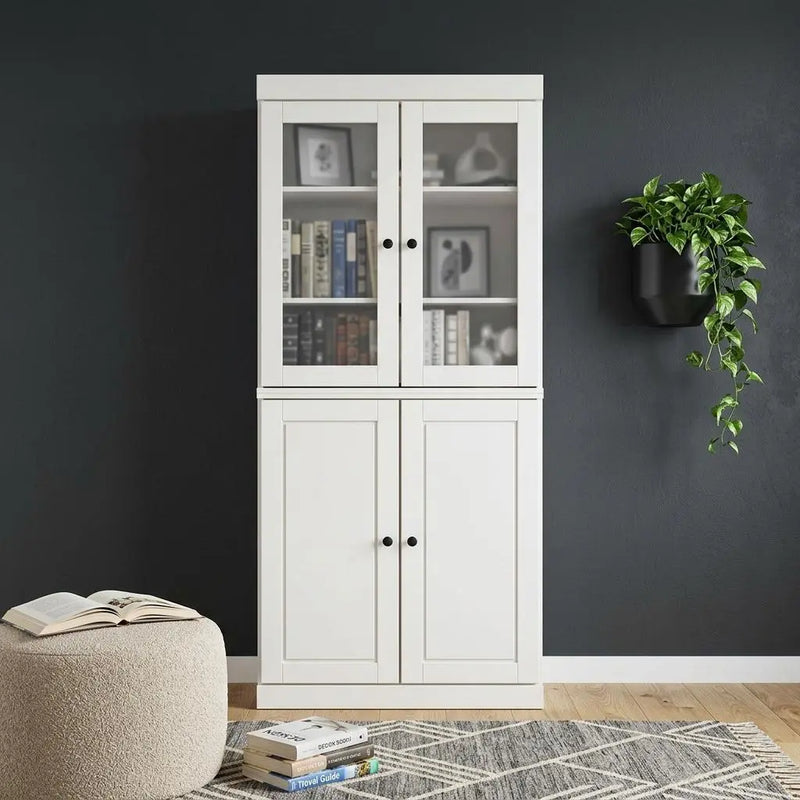 72" White Solid Wood Adjustable Six Tier Library Bookcase with Four Doors Homeroots Office