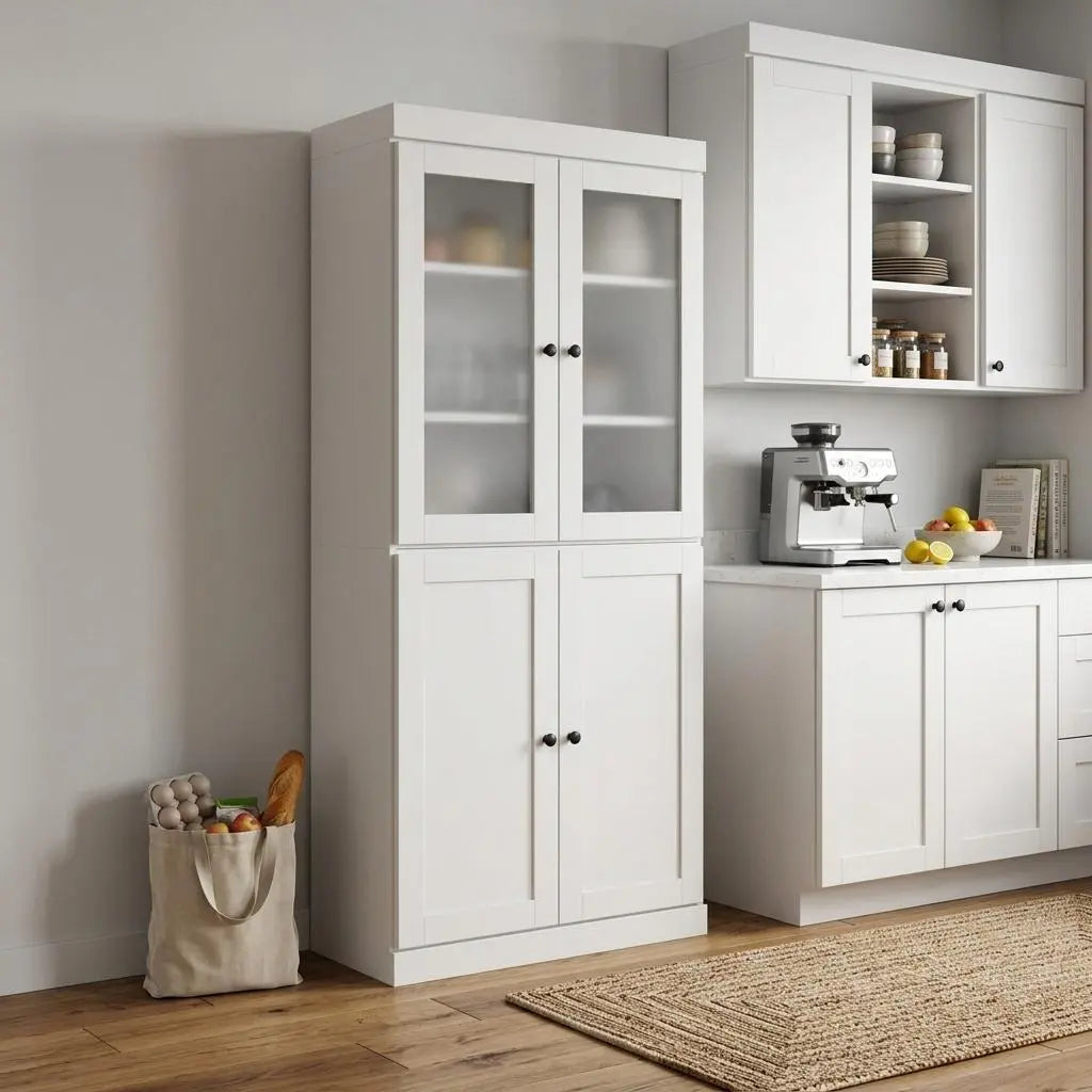 72" White Solid Wood Four Door Two Drawer Pantry Or Storage Closet Homeroots Kitchen & Dining