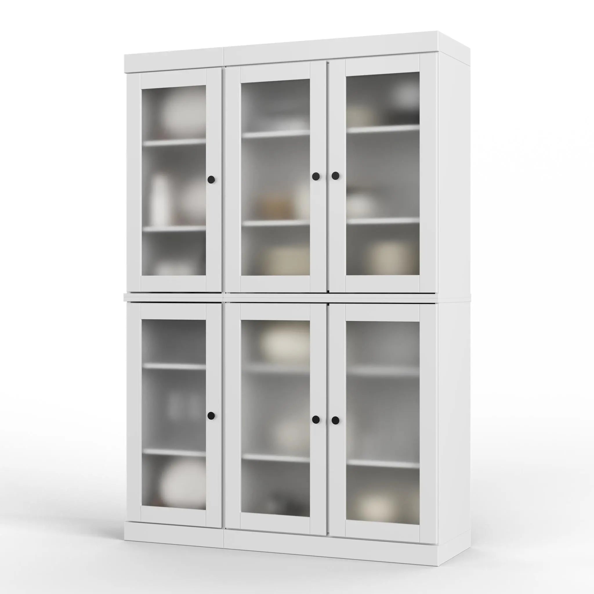 White wooden cabinet with glass doors, featuring six shelves and a minimalist design, perfect for modern interiors.