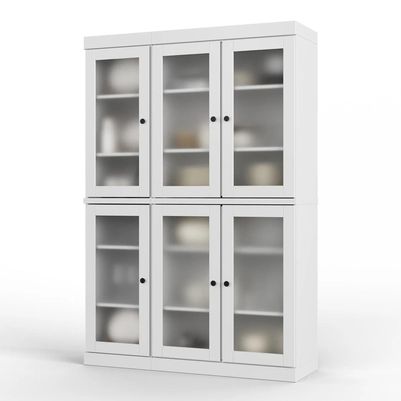 White wooden cabinet with glass doors, featuring six shelves and a minimalist design, perfect for modern interiors.
