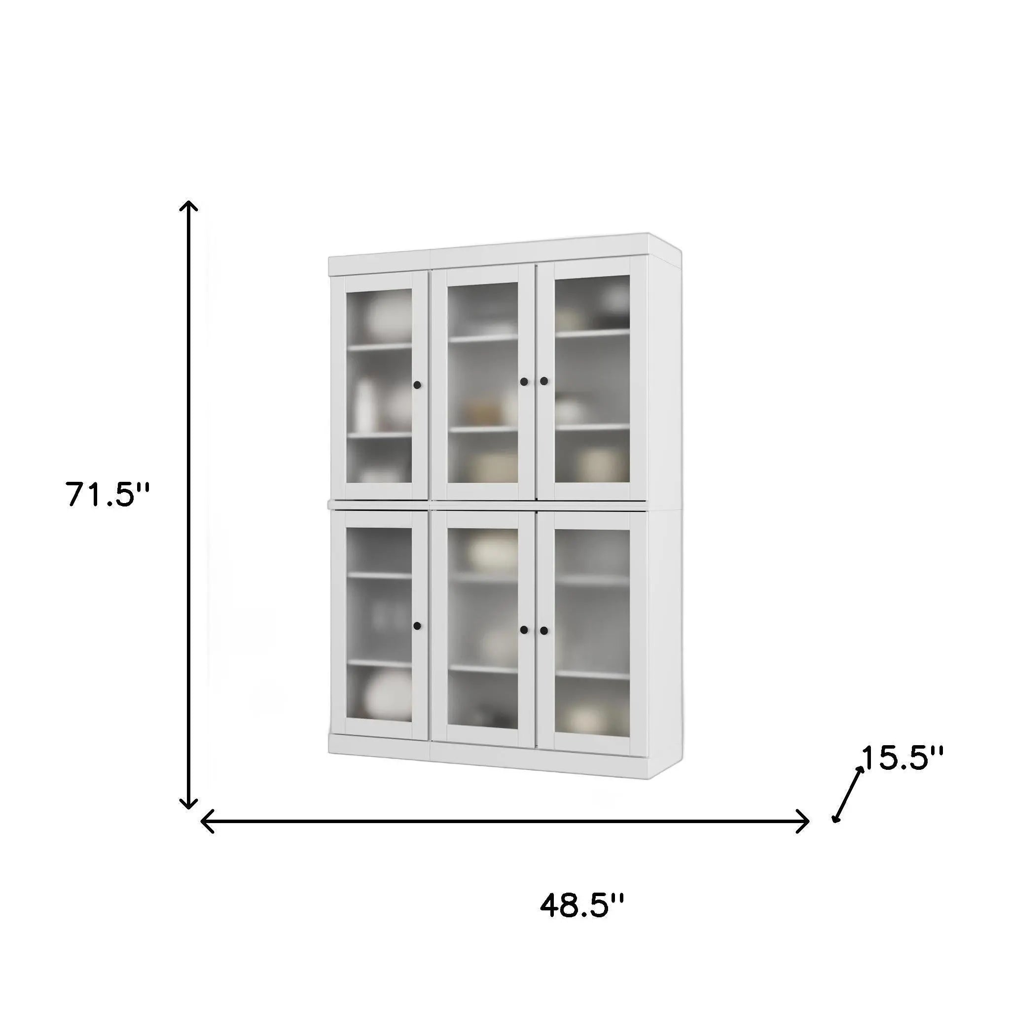 White wooden cabinet with glass doors, four compartments, modern style, dimensions 71.5" H x 48.5" W x 15.5" D.