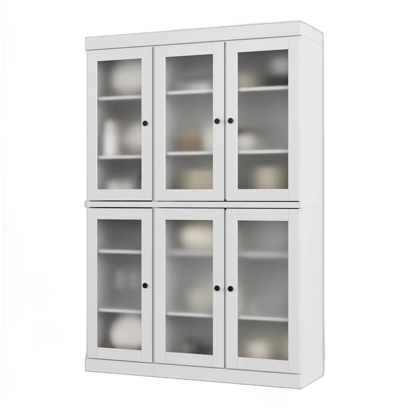 White modern display cabinet with glass doors and six shelves, perfect for showcasing decor and storage.