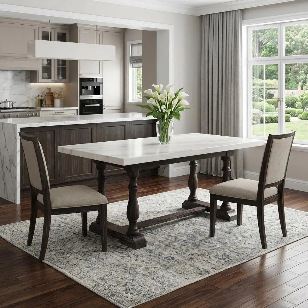 72" White and Gray Marble And Solid Wood Trestle Base Dining Table Homeroots Kitchen & Dining