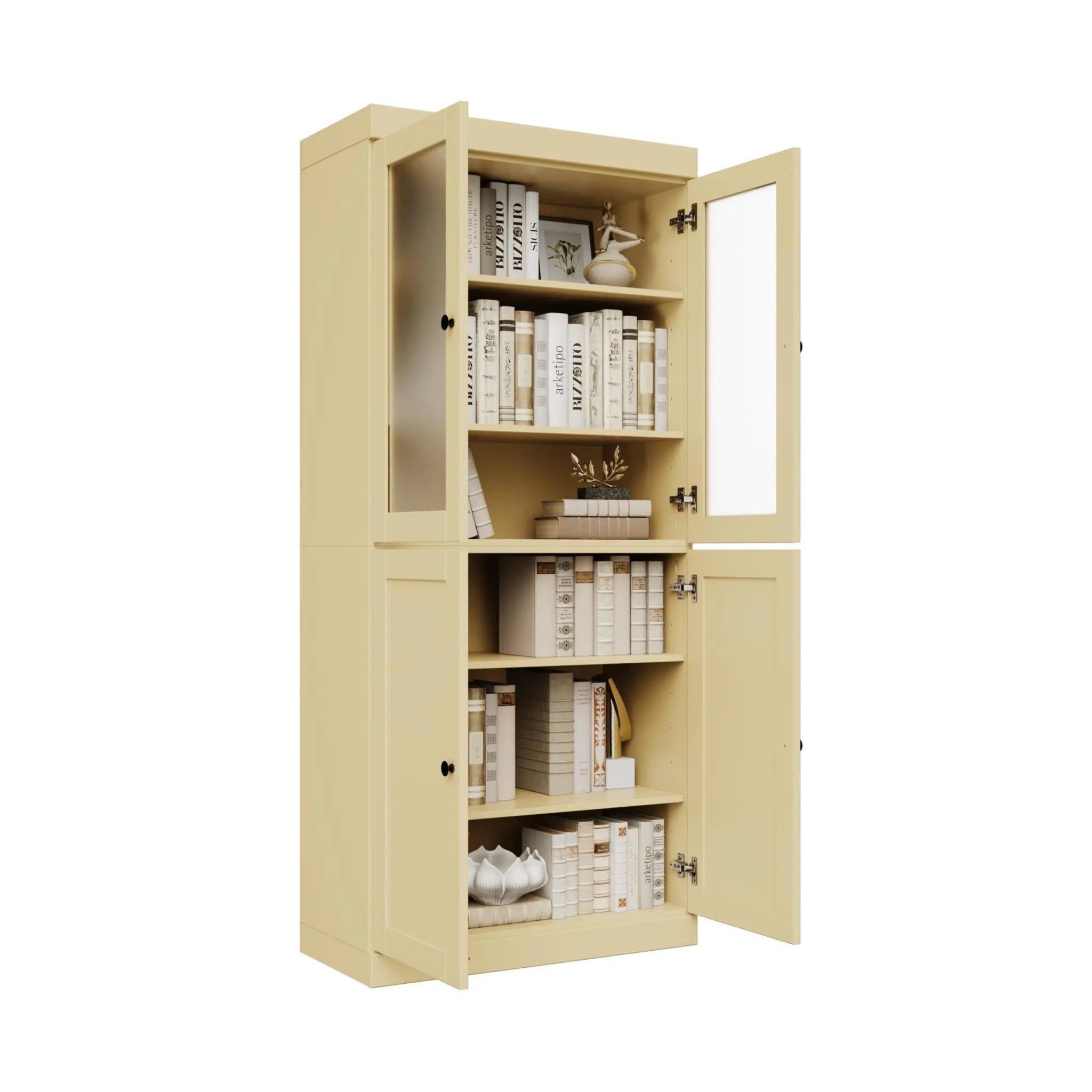 72" Yellow Solid Wood Adjustable Six Tier Library Bookcase with Four Doors Homeroots Office