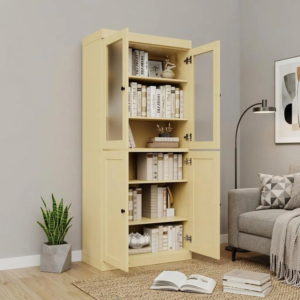 72" Yellow Solid Wood Adjustable Six Tier Library Bookcase with Four Doors Homeroots Office