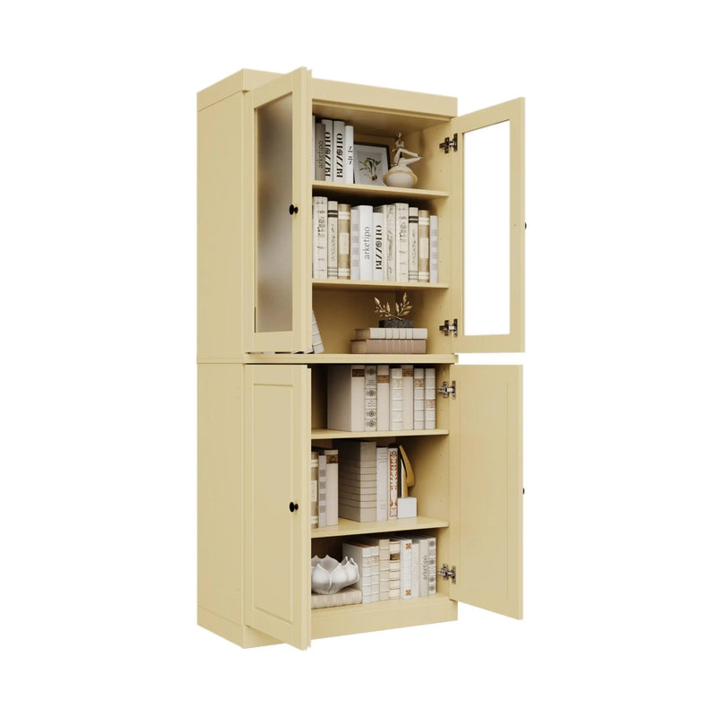 72" Yellow Solid Wood Adjustable Six Tier Library Bookcase with Four Doors Homeroots Office