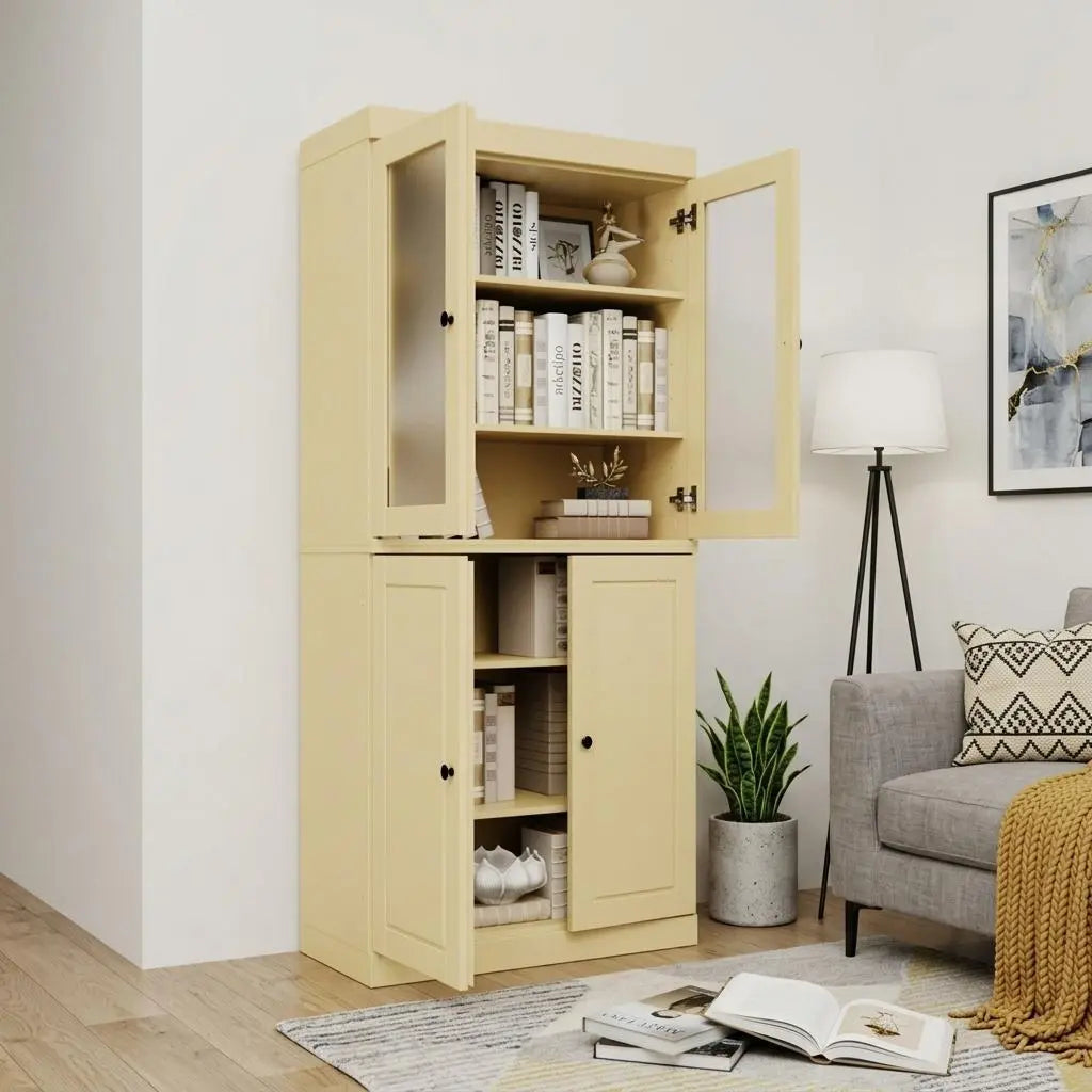72" Yellow Solid Wood Adjustable Six Tier Library Bookcase with Four Doors Homeroots Office