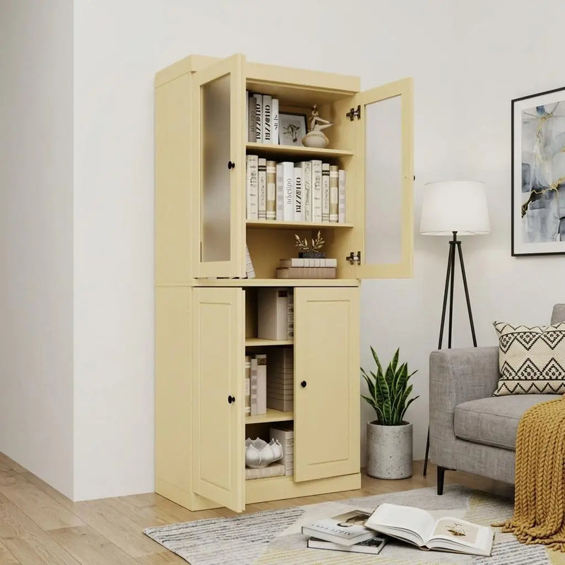 72" Yellow Solid Wood Adjustable Six Tier Library Bookcase with Four Doors Homeroots Office