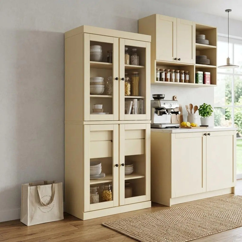 72" Yellow Solid Wood Four Door Two Drawer Pantry Or Storage Closet Homeroots Kitchen & Dining