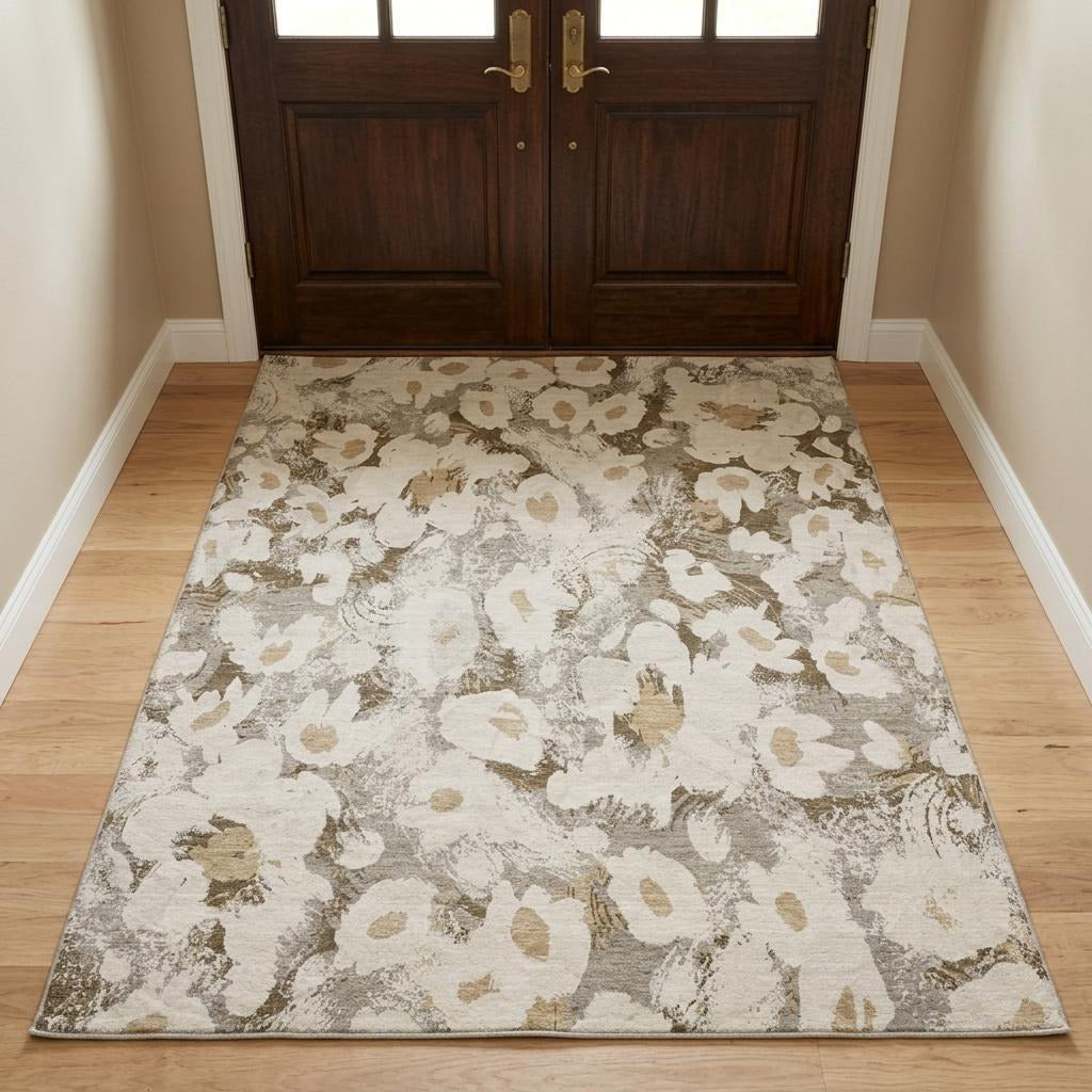 3' X 5' Khaki And Brown Floral Shag Washable Area Rug With UV Protection - Home & Garden