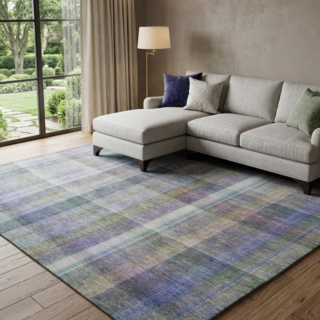 10' X 14' Green And Blue Plaid Shag Washable Area Rug With UV Protection - Home & Garden