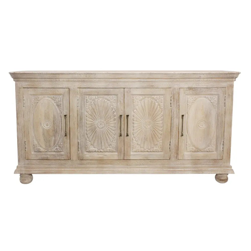 73" Antiqued White Distressed Solid Wood Carved Floral Sideboard with Four Doors Homeroots Kitchen & Dining