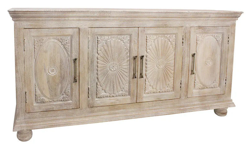 73" Antiqued White Distressed Solid Wood Carved Floral Sideboard with Four Doors Homeroots Kitchen & Dining