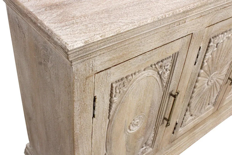 73" Antiqued White Distressed Solid Wood Carved Floral Sideboard with Four Doors Homeroots Kitchen & Dining